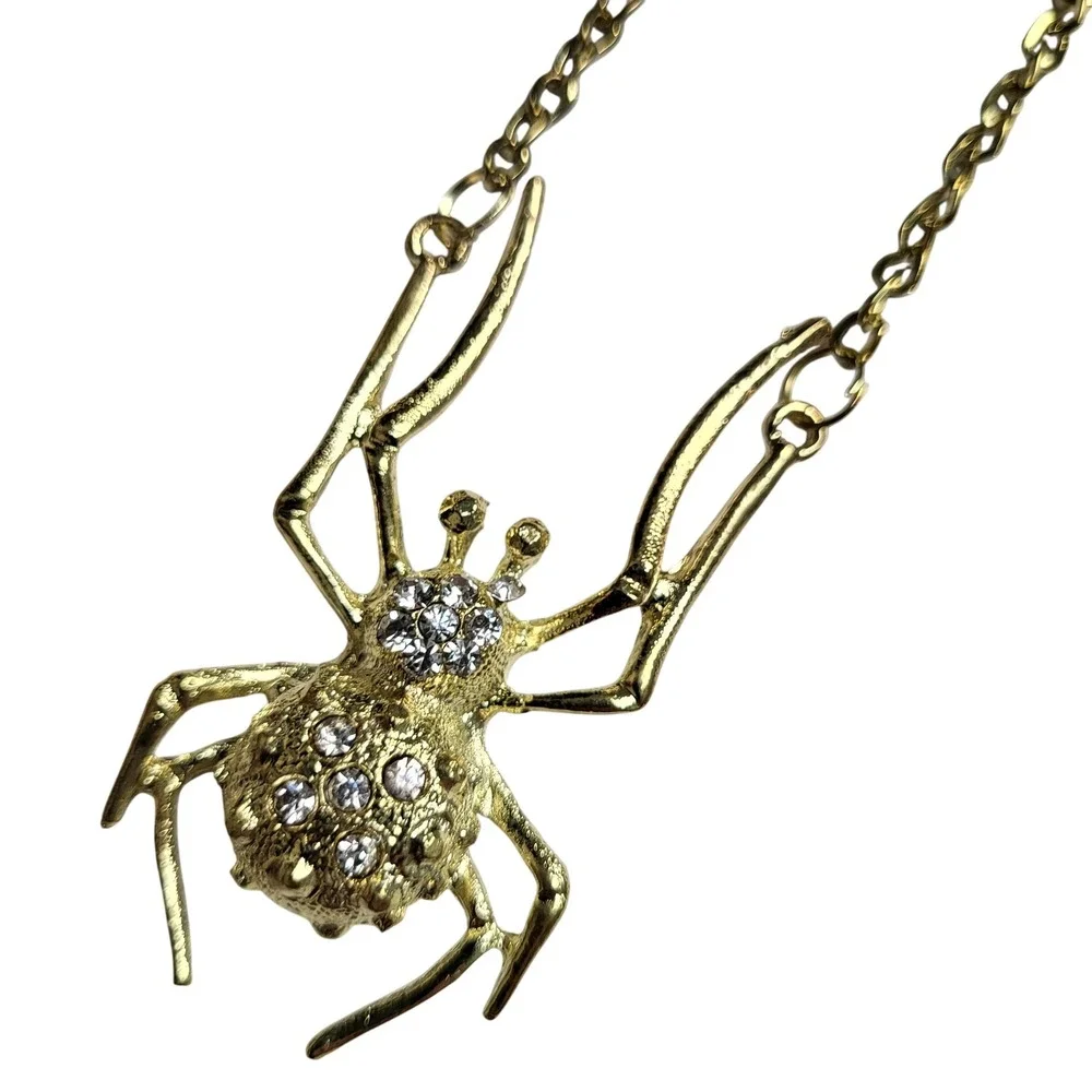 Spider‎ Necklace Gold Tone Insect Pendant Chain Statement Jewelry Rhinestone